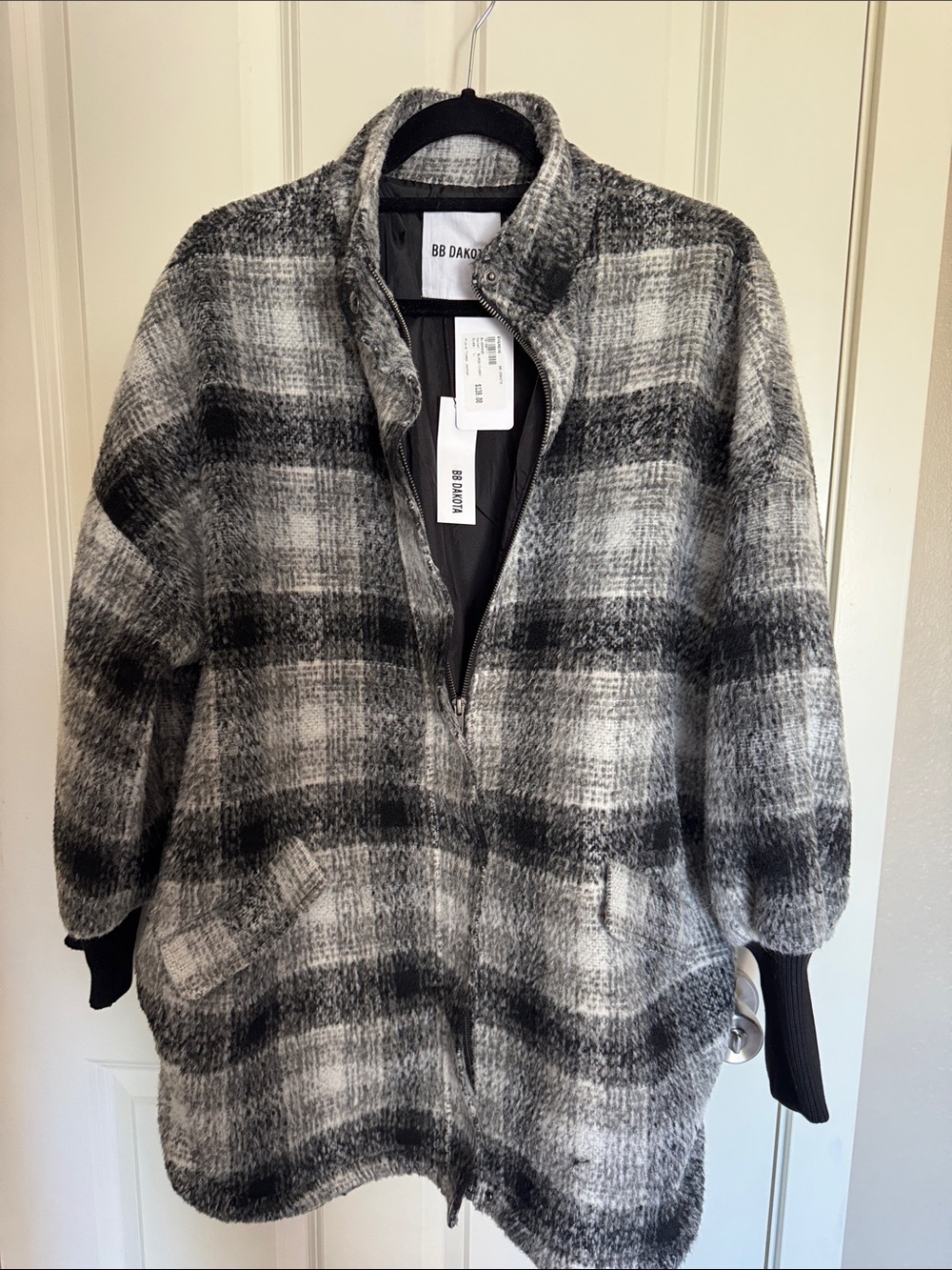 BB Dakota Black & White Plaid Funnel Neck Trench Coat